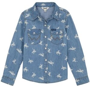Wrangler Light Blue Denim Chambray Shirt Pearl Snap Horses Rodeo Western Cowgirl